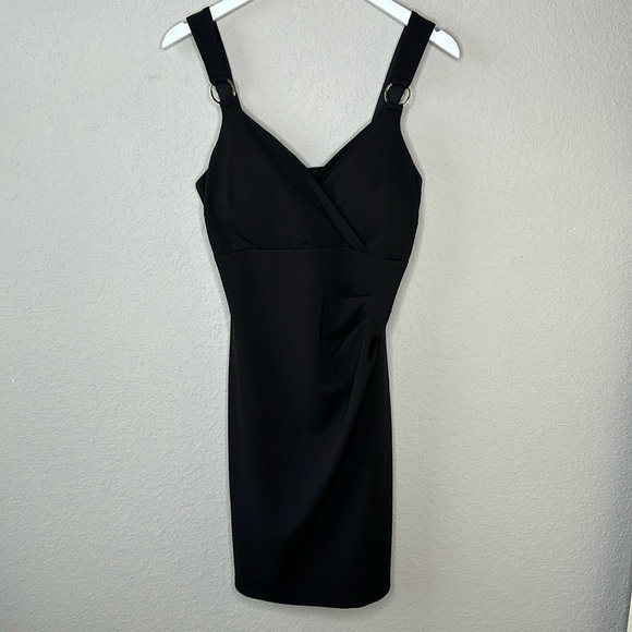 Guess Gathered Waist Surplice Neckline Stretch Little Black Dress Size 10 - Picture 1 of 16